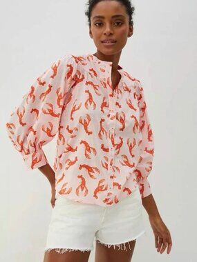 Anthropologie Maeve Lobster Print Cotton Button Down Blouse Women's Size XS
